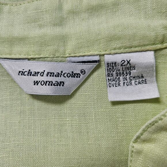 RICHARD MALCOM Irish Linen Tunic Top 2X Green Button Up Embroidered 3/4 Sleeves - Picture 7 of 7